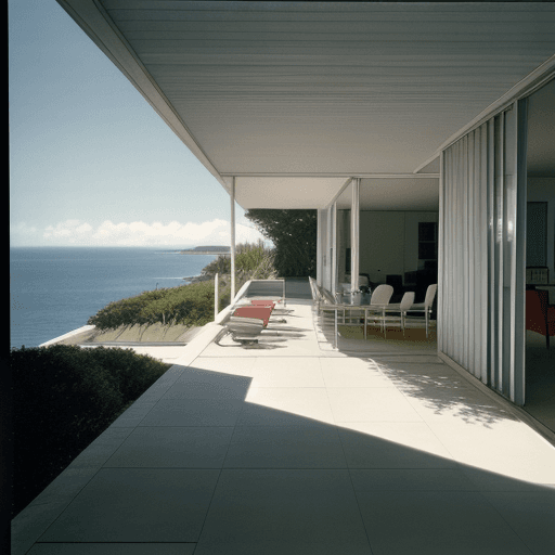AI generated: Hyper realistic eye level exterior photo of a mid century modern style house overlooking the ocean, ...