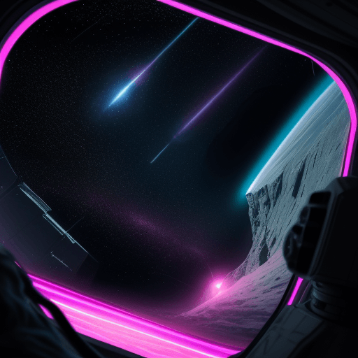 AI generated: Photo of terrifying outer space from the window of a spacecraft, with views towards flashes of pink ...