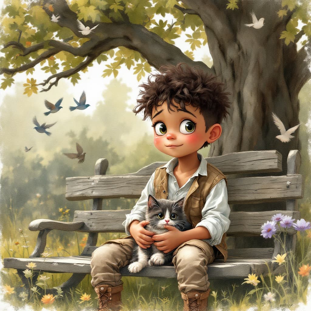 AI generated: 

Whimsical watercolour encaustic photorealistic illustration little mixed race boy front facing gla...