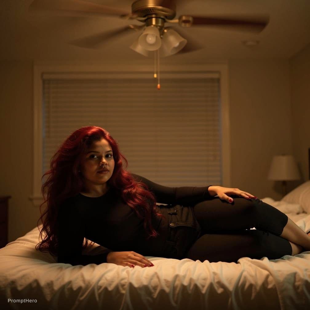 AI generated: A woman with long, tousled red hair cascading in loose waves over her shoulders lies sprawled across...