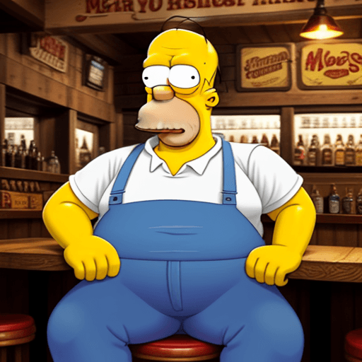 AI generated: homer simpson as a real person.he is sitting in moe's tavern drinking a beer