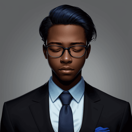 AI generated: solo,  black boy, closed eyes,, male focus, necktie, glasses, blue, formal, suit, blue necktie, hair...