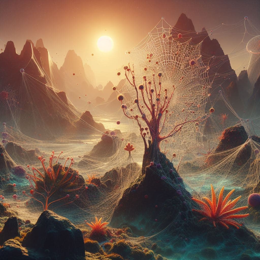 AI generated: The Ecosystem of First Eukaryotes, lakes of oil, mycelium, opal network, cobwebs, caktus, flora, bac...