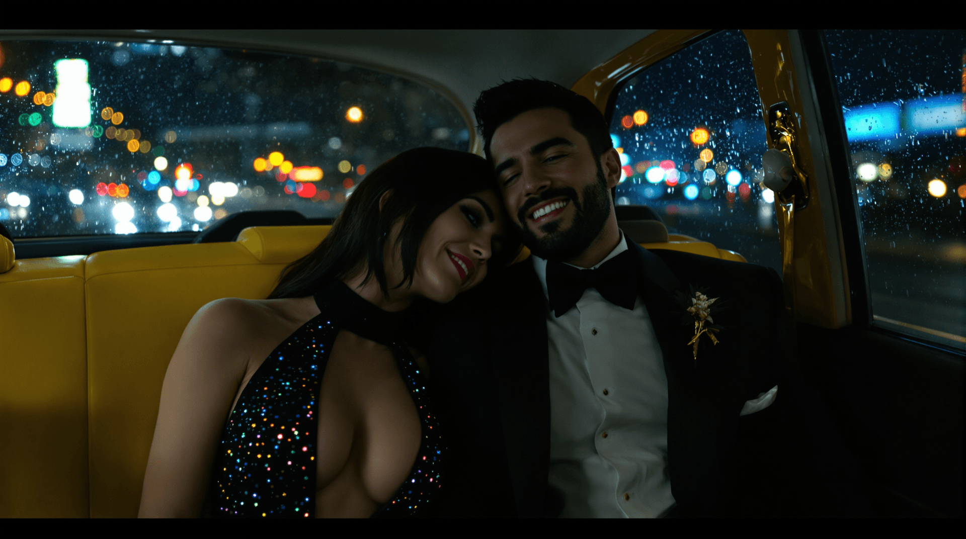 AI generated: Interior of a yellow cab at night. A Caucasian couple (Lilith and Jon) in the back seat. Lilith (plu...