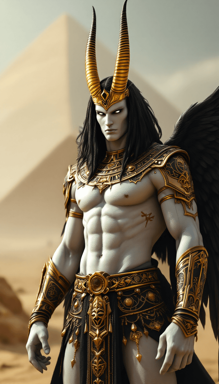 AI generated: anubis god of death egypt, male, priest, white body skin,  full body fantasy rpg armor with extrem g...