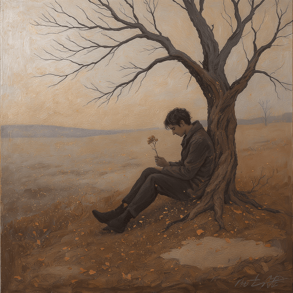 AI generated: A solitary figure sits beneath a withered tree in a barren field, holding a single dried flower. The...