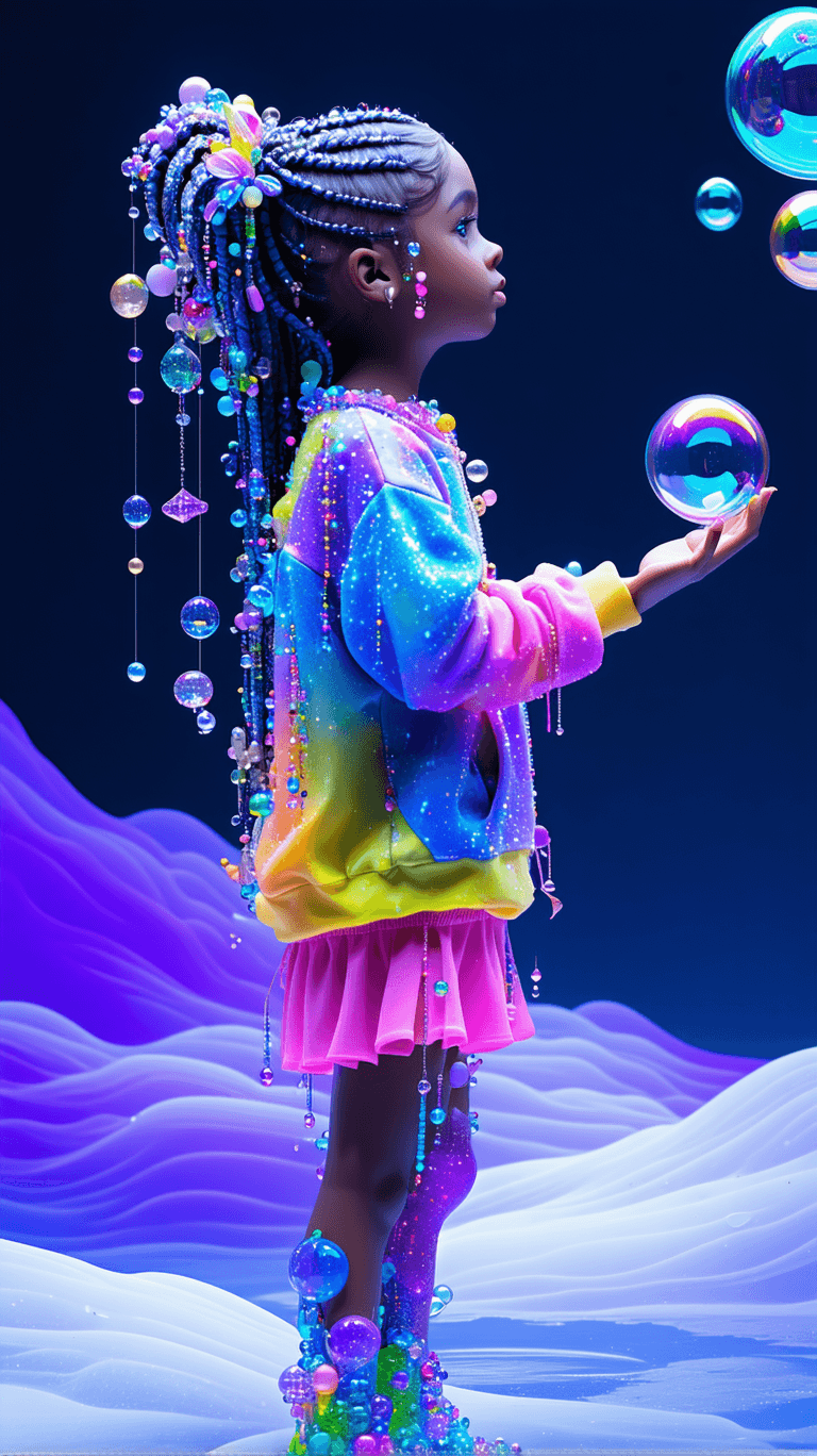 AI generated: A playful dream architect, her hair braided with floating trinkets that move with a life of their ow...