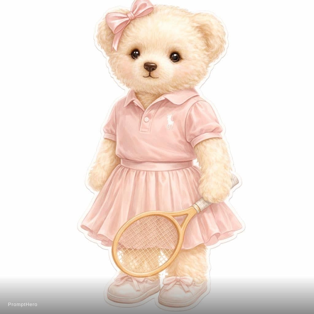 AI generated: Ultra-delicate female teddy bear, creamy silky fur, soft sweet expression. Ralph Lauren luxury tenni...