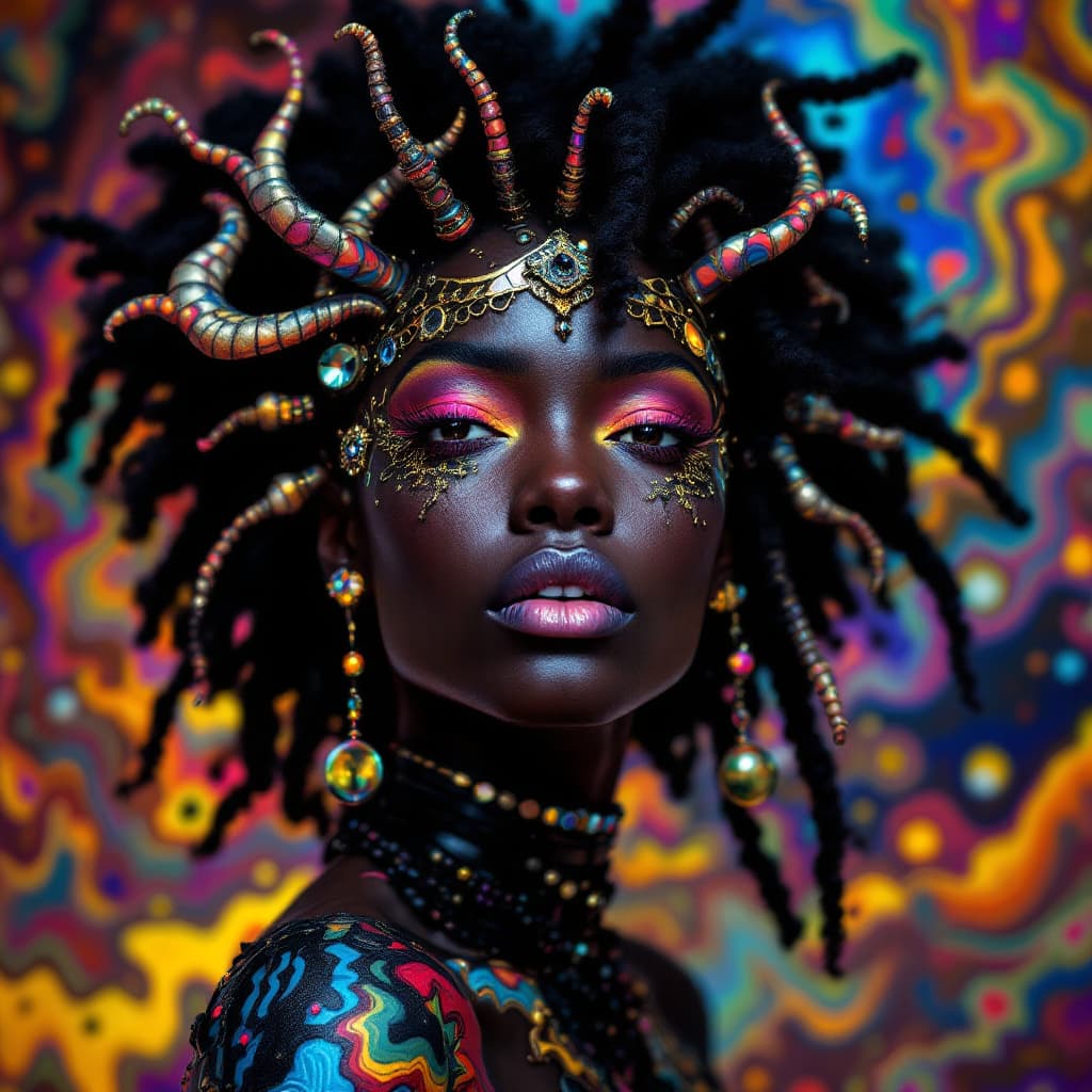 AI generated: Psychedelic, surreal,, and highly detailed, a warrior ebony model woman
  