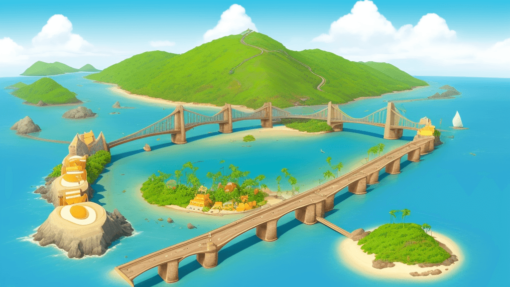 AI generated: image of one island with 8 bridges going from that one island to other land. sunny, light colors, ca...