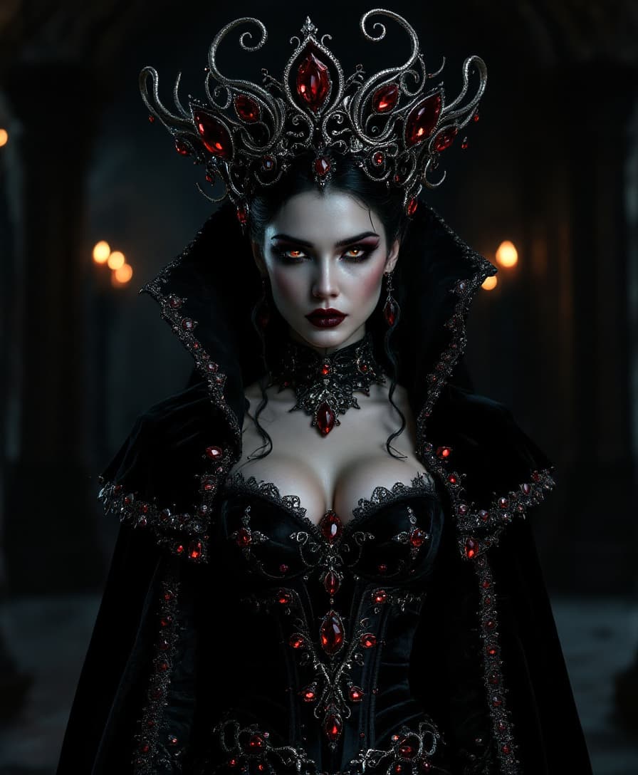 AI generated: Standing in the shadowy crypt, she embodies power and allure with her dark yet majestic presence. He...