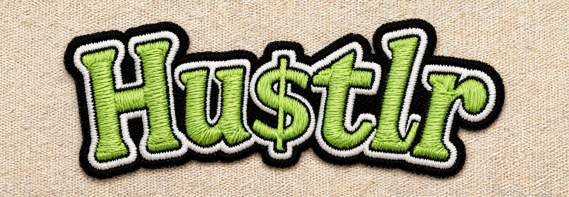 AI generated: Create a varsity embroidered patch saying "Hu$tlr" in curvy text. The letters should be lime green w...
