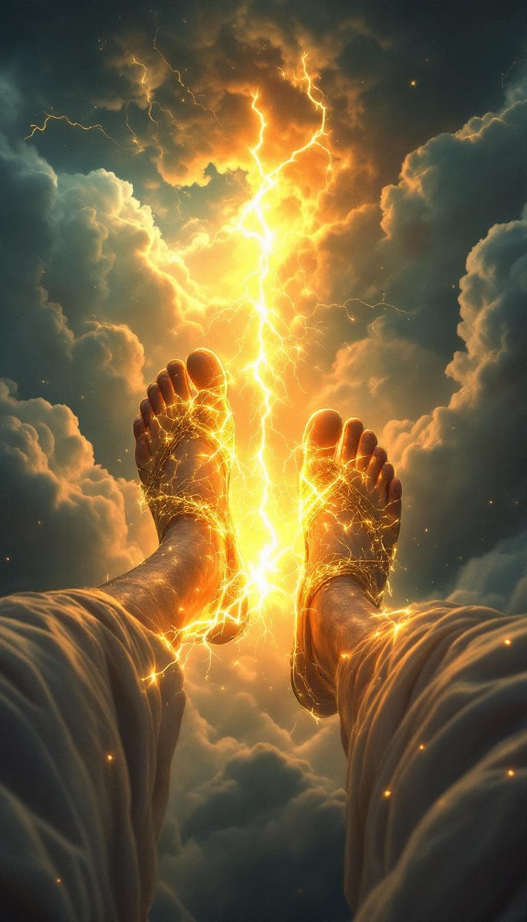 AI generated: first person POV, golden sandals glowing, divine lightning crackles around feet, ancient Greek robes...