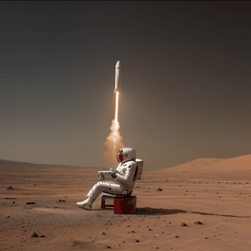 AI generated: Photo of a ultra realistic elon musk sitting on a rocket heading towards mars
