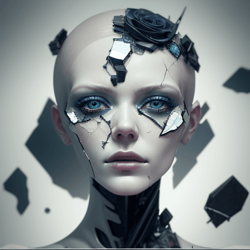 AI generated: Death of a beautiful humanoid female,  close up of a broken android, digital art, cracked porcelain ...