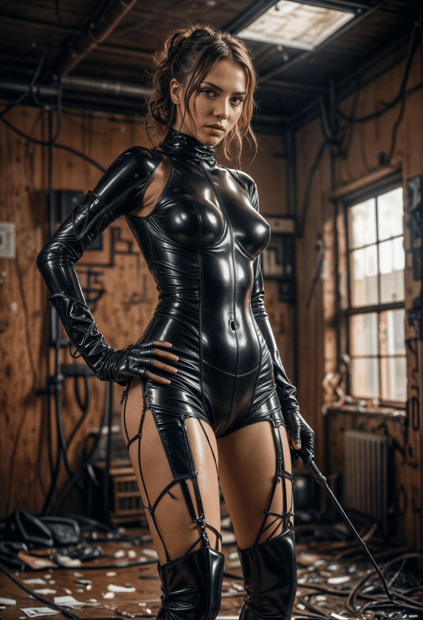 AI generated: The image is a close-up of a woman wearing a black latex bodysuit, standing in a dilapidated buildin...