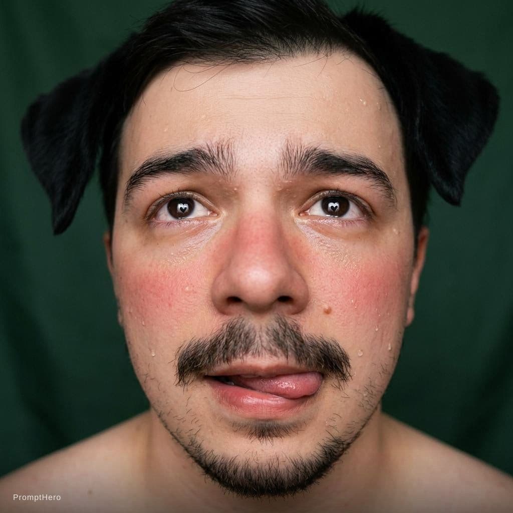 AI generated: Cute soft ahegao face with a bit of blush, soft skin, trimmed mustach, cute boy, mouth opened a tiny...