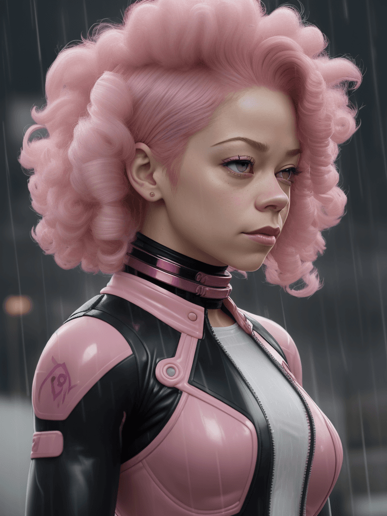 AI generated: a woman with pink hair standing in the rain, (Tatiana Maslany), smirking, wearing a (crop jacket), o...