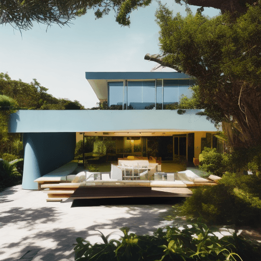 AI generated: Hyper realistic eye level exterior photo of a mid century modern style house overlooking the ocean, ...