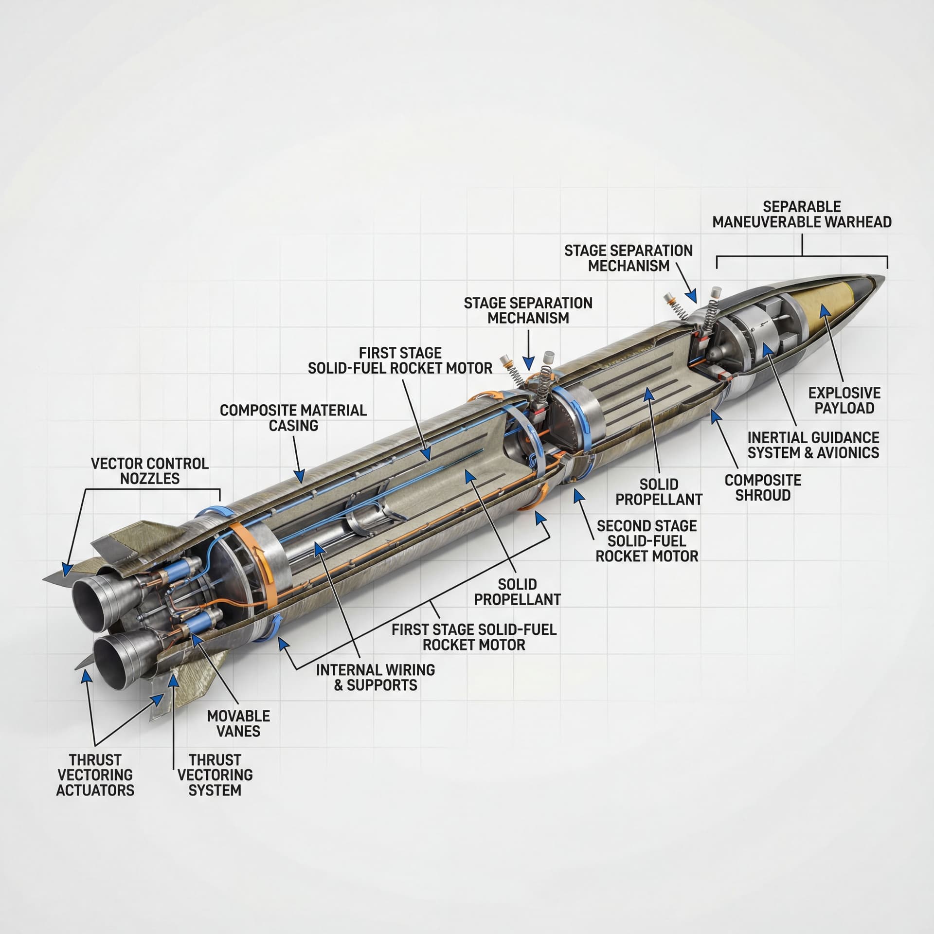 AI generated: A highly detailed educational 3D cutaway diagram of the Iranian Sejjil (Sejil) two-stage solid-fuel ...