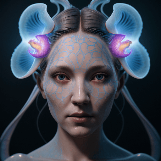 AI generated: Goddess close-up portrait ribcagel. jellyfish phoenix head, nautilus, orchid, skull, betta fish, bio...