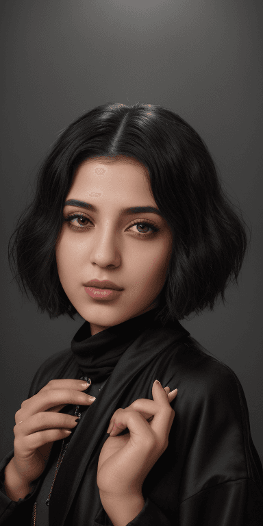 AI generated: middle eastern tarot reader, (Cute Loose Bob hairstyle) , (wearing a black jacket:1.4) , symmetrical...