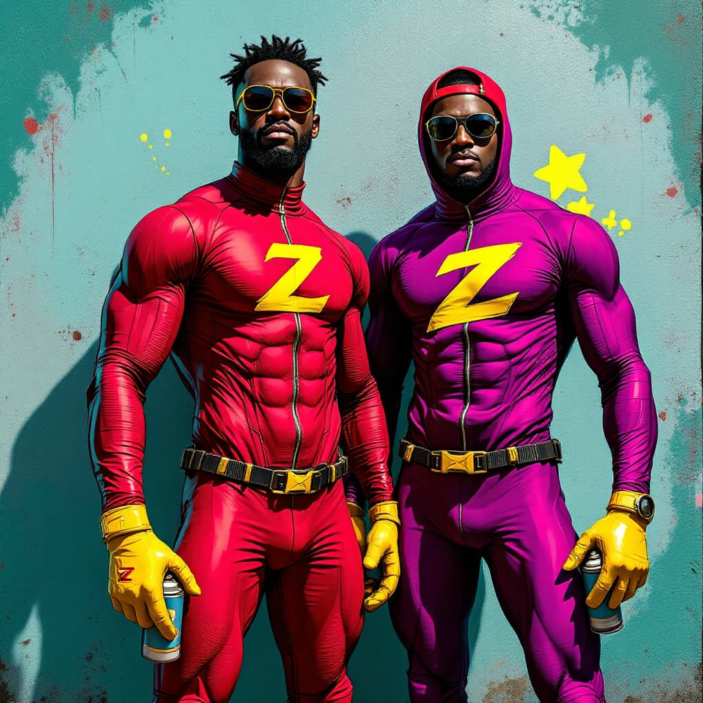 AI generated: Hyper realistic A BLACKMAN IN A RED SPANDEX SUIT with a zoz logo on his chest , WITH YELLOW GLOVES A...