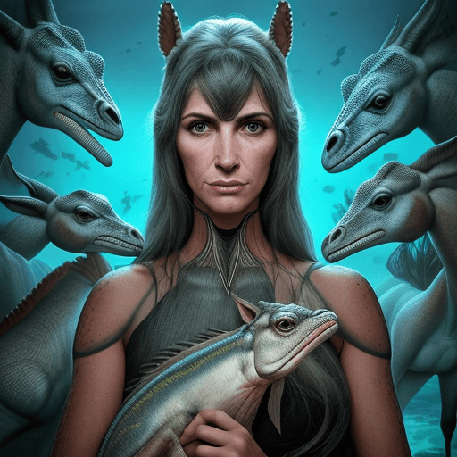 AI generated: Retrato transhumanista entre mujer y animales sirenios, carácter fuerte, en dinámica, muy detallado,...