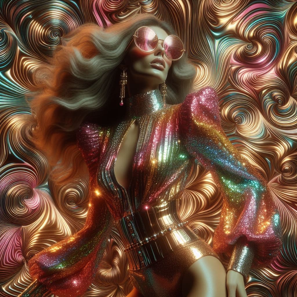 AI generated: Woman wearing Kaleidoscopic apparel in 70s fashion, exploding colors, fragmented elegance, disco lig...
