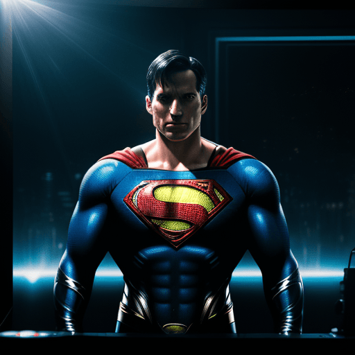 AI generated: a man in a superman suit standing next to a DJ in a dark room, a hologram by Zack Snyder, featured o...