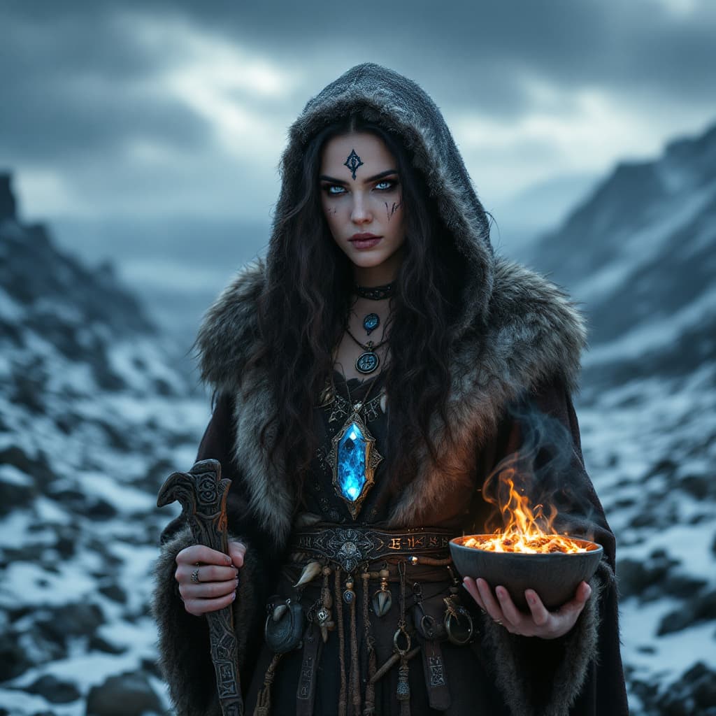AI generated: A mystical image of Natalie Portman dressed as a Norse shaman, standing in a rugged, snow-covered la...