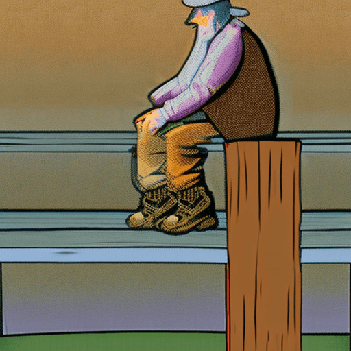AI generated: "Elderly cowboy with grey hair and mustache, wearing a cowboy hat and western scarf, seated on a woo...