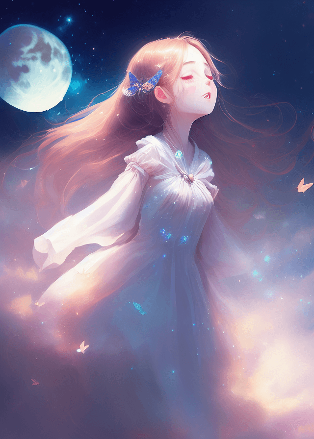 AI generated: a portrait of a cute girl with a luminous dress, eyes shut, mouth closed, long hair, wind, sky, clou...