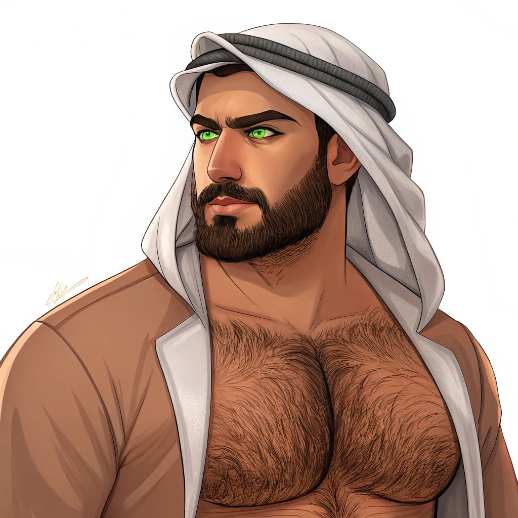 AI generated: Masculin Arabian, huge bulge, hairy, Green eyes, mature, average weight, slightly chubby, seductive ...