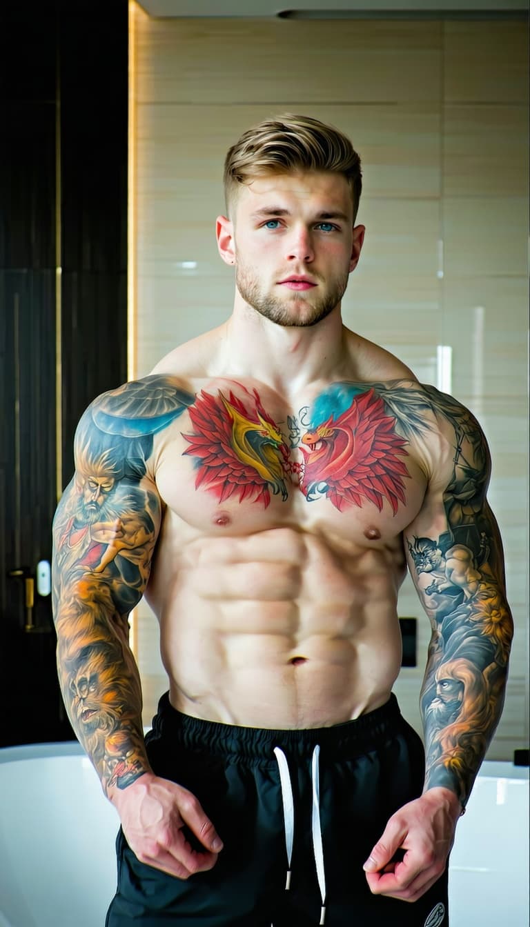 AI generated: A muscular heavyweight bodybuilder in his 20s, perfectly handsome with a strong, chiseled jawline, s...