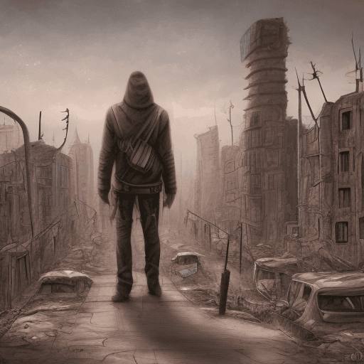 AI generated: Ruined post-apocalyptic city. Hooded person from the back.