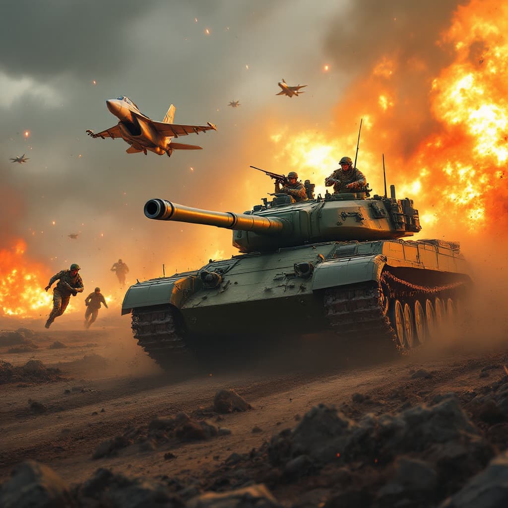 AI generated: GREEN TANk in a battle field getting hit by F16 with soldiers running around and fire all around