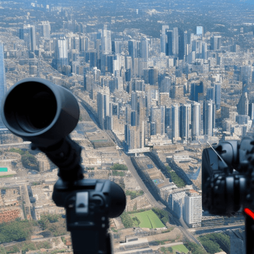AI generated: High angle shot of a professional killer holding a Monocular and monitoring a city from 2 km