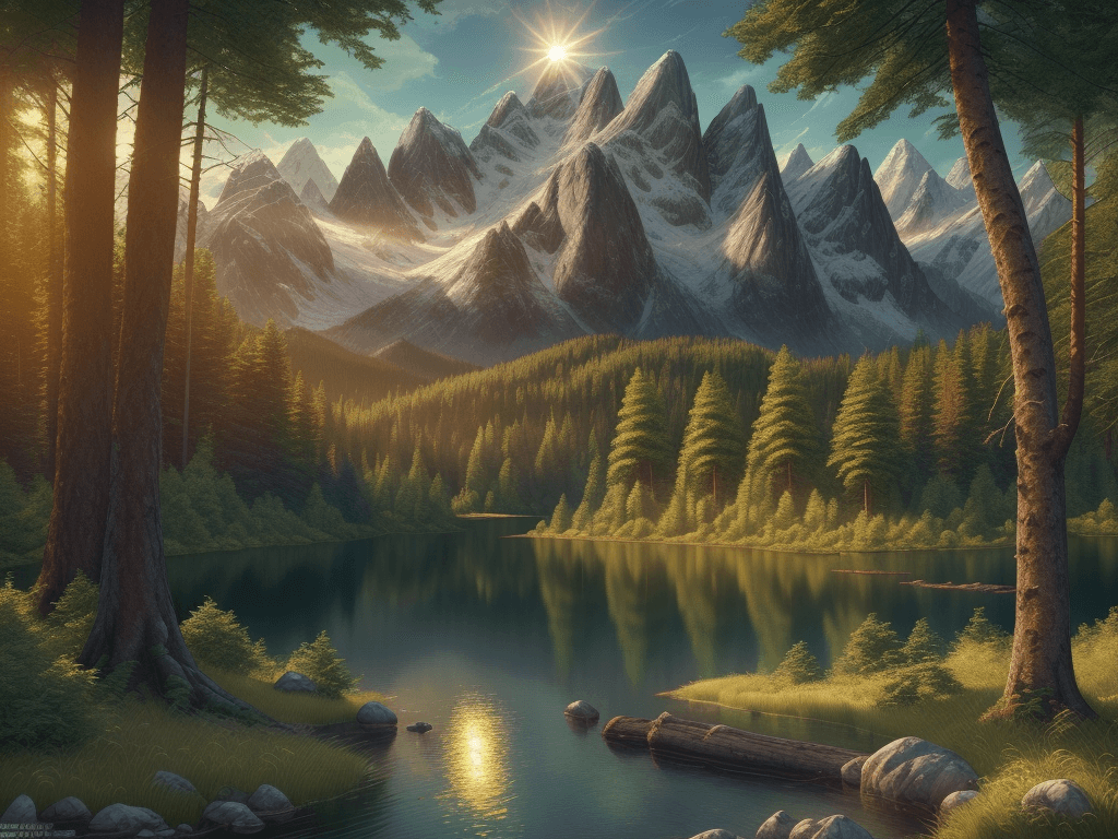 AI generated: sun shinin on a forest, hill, lake, masterpiece, best quality, high quality, extremely detailed CG u...