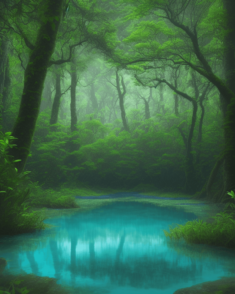 AI generated: High resolution hyper realistic photo of a lagoon with clean and fresh water around an abundant fore...