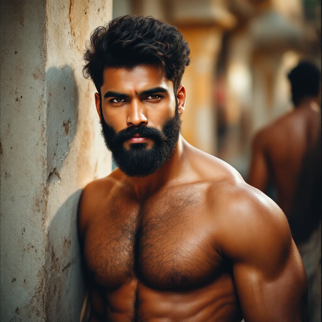 AI generated: Naked tamil men, handsome, trimmed beard, hairy body