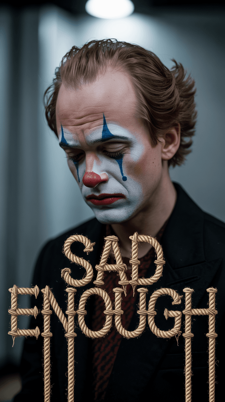 AI generated: ultrarealistic face of a clown in depressive mood,typography “sad enough” in gothic font blended wit...