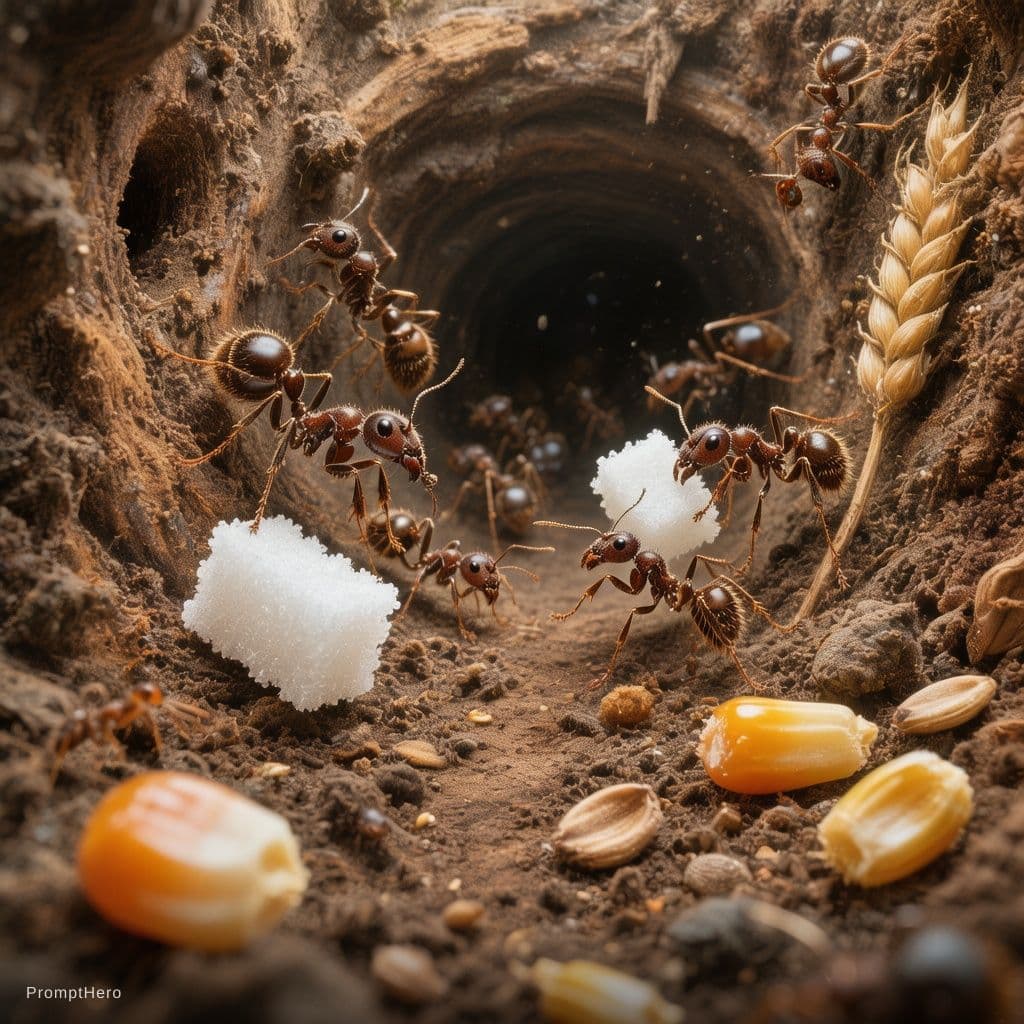 AI generated: Ultra realistic extreme macro tiny world photography inside a massive underground ant tunnel, dark b...