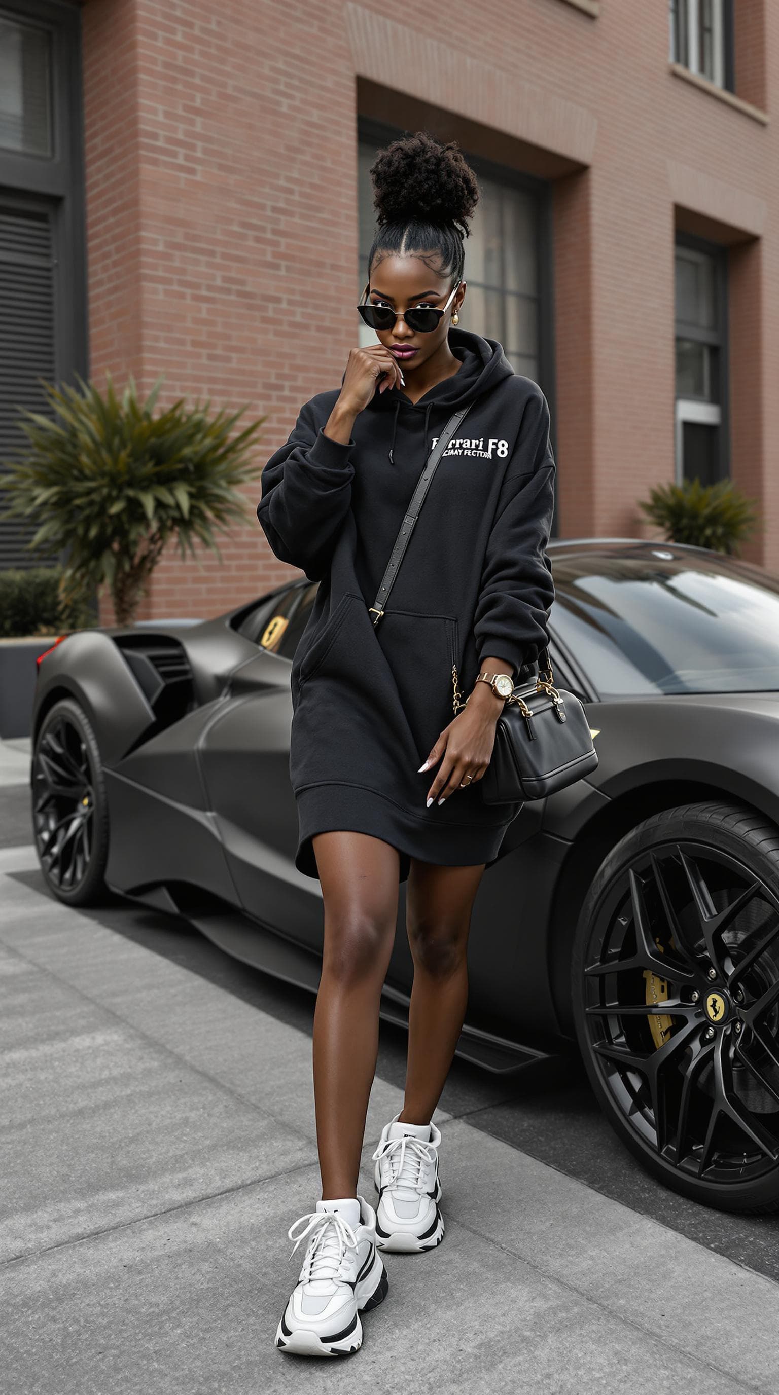 AI generated: A stylish black African woman in an oversized Louis Vuitton hoodie dress, chunky Balenciaga sneakers...