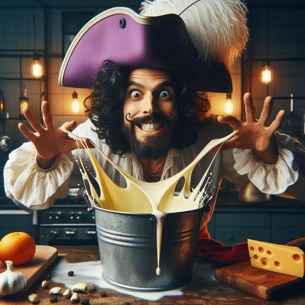 AI generated: Close-up professional cinematic photo of a Spanish pirate with black curly hair in a purple hat with...
