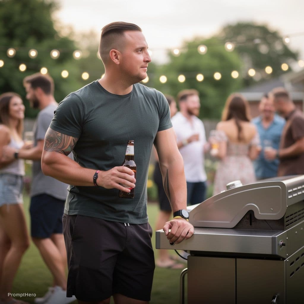 AI generated: Add him casually at home not smiling at bbq . Have him leaning on a grill with a beer. Lots of peopl...