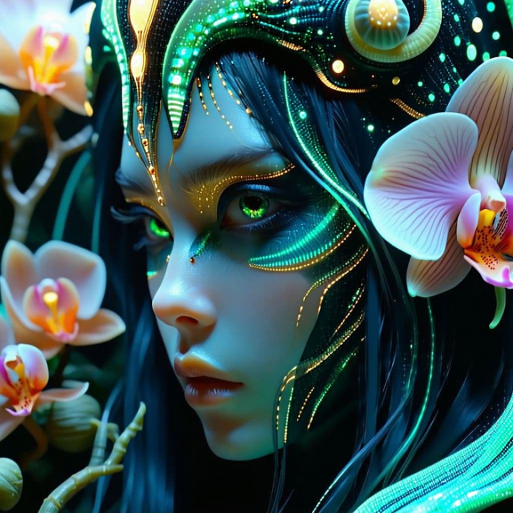 AI generated: Goddess close-up portrait ribcagel. jellyfish phoenix head, nautilus, orchid, skull, betta fish, bio...