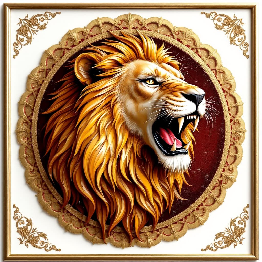 AI generated: A BEAUTIFUL ART DECO roaring lion made of marbles for texture ON A round FILIGREE ART DECO GOLD AND ...