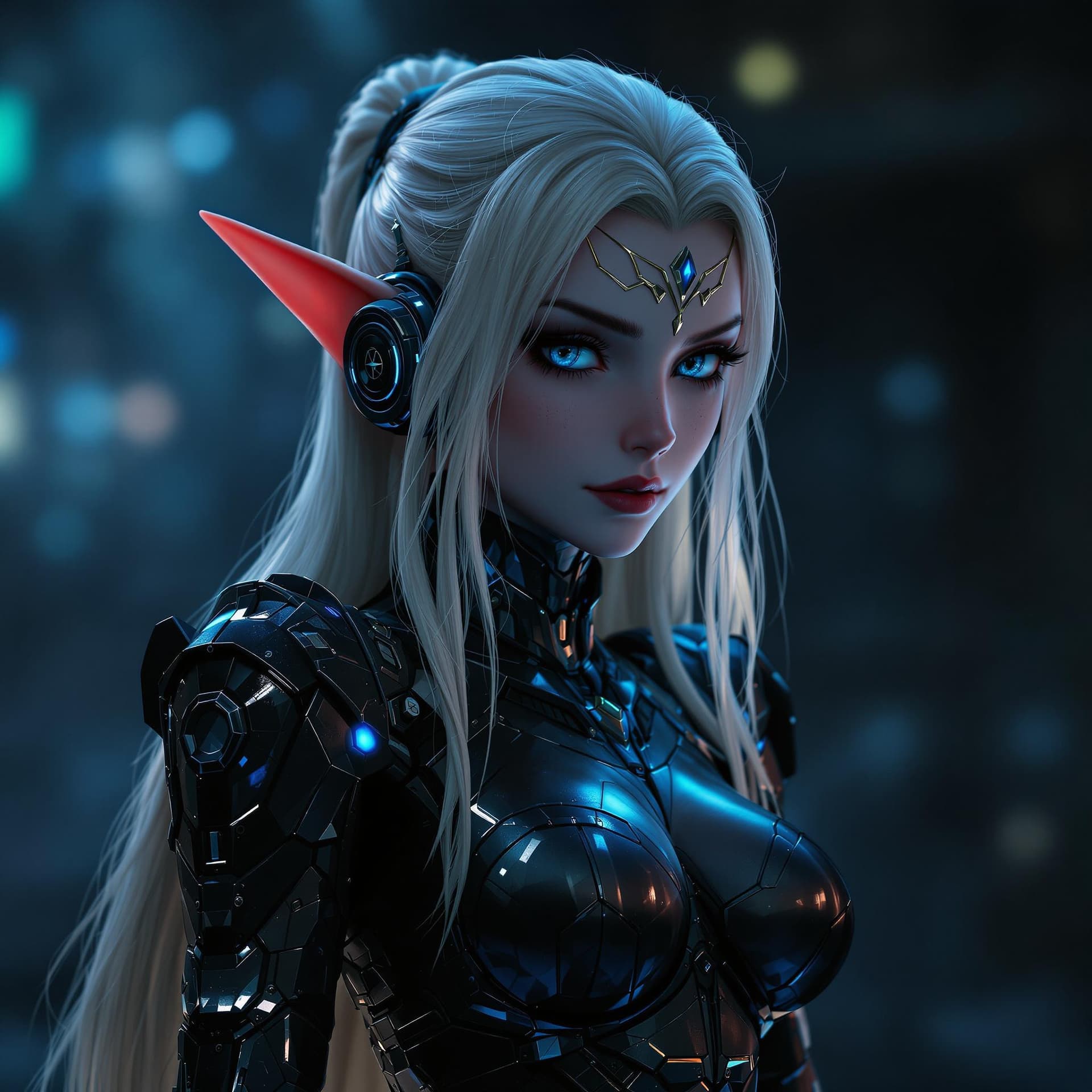 AI generated: Elf Galadriel dressed in a robot outfit in the dark and having a earphone, in the style of daz3d, an...