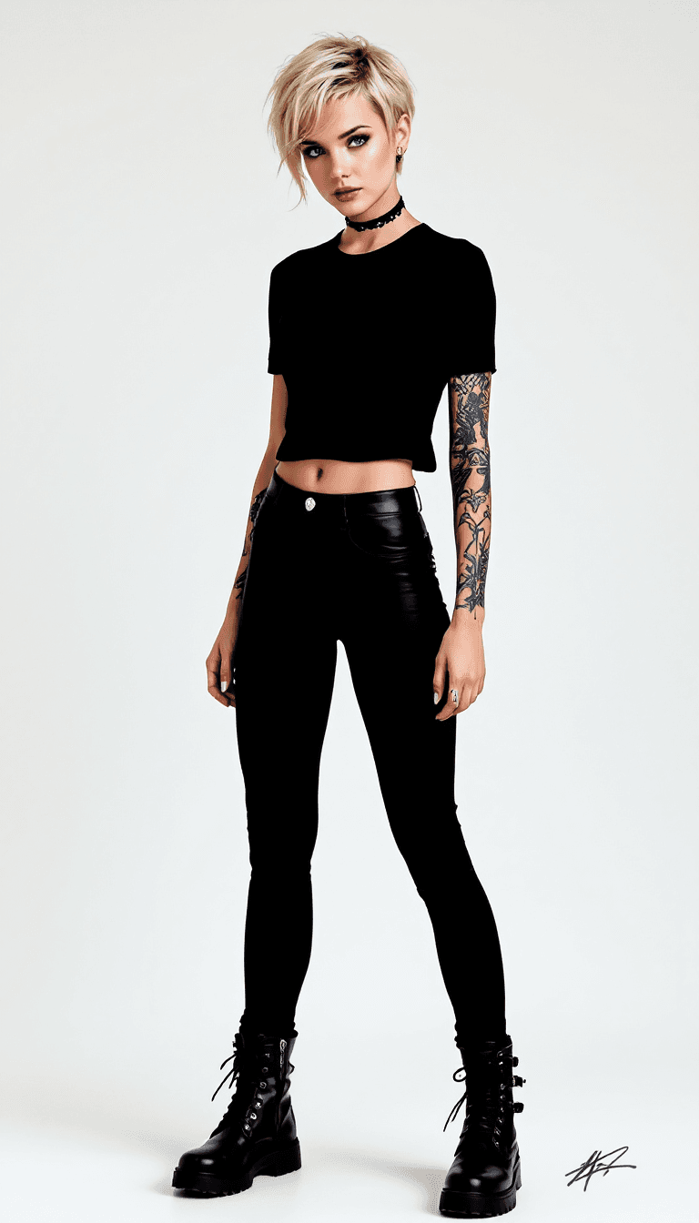 AI generated: girl, 22 years old, blonde hair, short pixie style, some small black tattoos in dnk style, blue eyes...